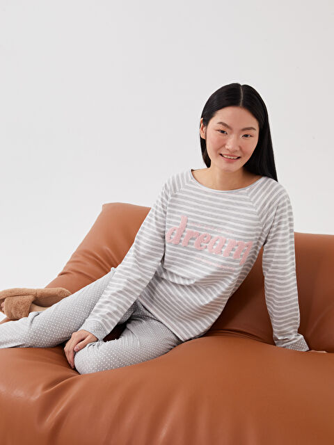 LCW DREAM Bisiklet Yaka Desenli Uzun Kollu Kadın Pijama Takımı - S32725Z8-998