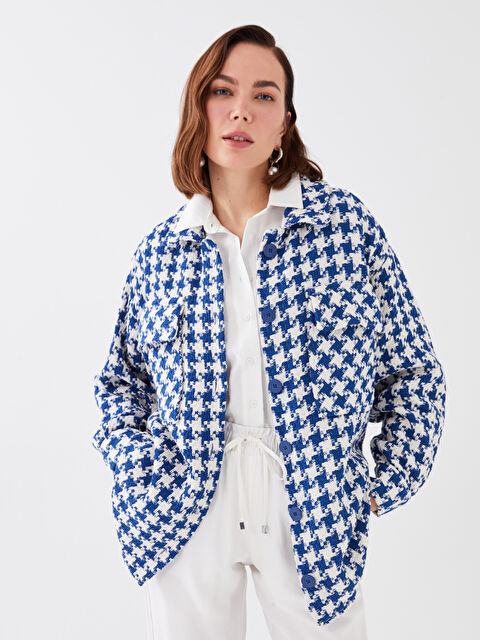 LCWAIKIKI Classic جاكيت قميص تيويد أوفراسايز كم طويل منقوش للسيدات - S33108Z8-LLC