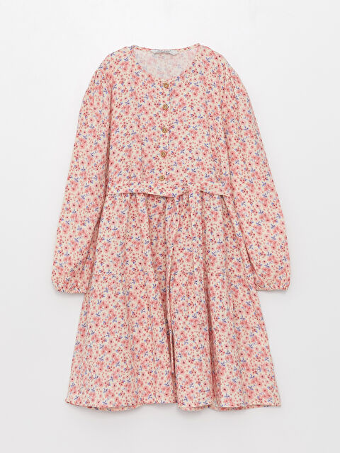 LCW Kids فستان للبنات بياقة دائرية منقوش كم طويل - S33650Z4-LRA