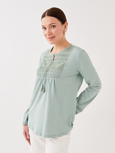 LCW Grace بلوزی ژنان قۆڵ درێژ یەخەی قردێلەیی نەخشێنراو