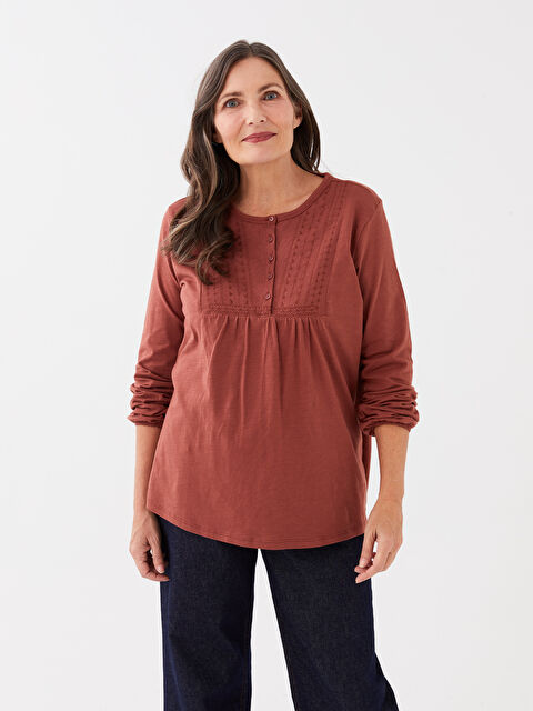 LCW Grace Crew Neck Embroidered Long Sleeve Women's Blouse - S33711Z8-H6R