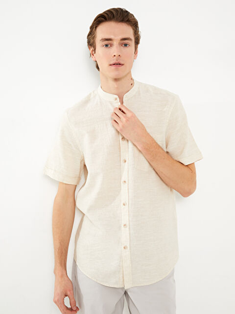 LCWAIKIKI Basic Regular Fit Mandarin Collar Short Sleeve Linen Blend Men's Shirt - S33976Z8-FBK