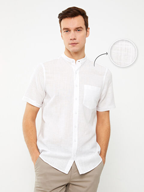 LCWAIKIKI Basic قميص للرجال بقصة عادية وياقة ماندارين وكم قصير مصنوع من مزيج الكتان - S33976Z8-Q6K