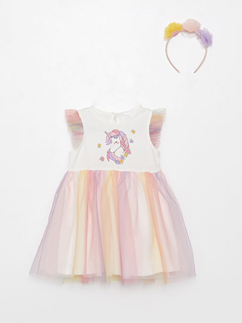 LCW baby Crew Neck Printed Baby Girl Dress and Crown Set - S34898Z1-FDU