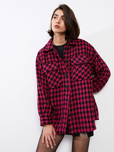 LCWAIKIKI Classic جاكيت قميص أوفراسايز كم طويل للسيدات بنقشة كروبار - S34907Z8-HKL