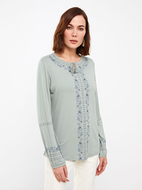 LCW Grace Tie Neck Embroidered Long Sleeve Women's Blouse - S35768Z8-GBN