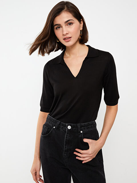 LCWAIKIKI Basic Polo Yaka Düz Kısa Kollu Kadın Triko Kazak