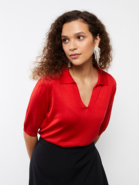 LCWAIKIKI Basic Polo Neck Plain Short Sleeve Women's Knitwear Sweater - S35885Z8-GYE