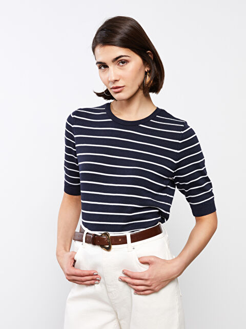 LCWAIKIKI Basic Bisiklet Yaka Çizgili Kısa Kollu Kadın Triko Kazak