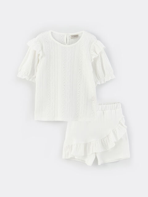 LCW Kids Crew Neck Self-Patterned Short Sleeve Girl's T-Shirt and Shorts - S37578Z4-Q6K