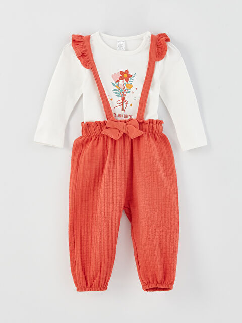 LCW baby Crew Neck Long Sleeve Printed Baby Girl T-Shirt and Salopet Pants 2-Pack Set - S38317Z1-GQ1