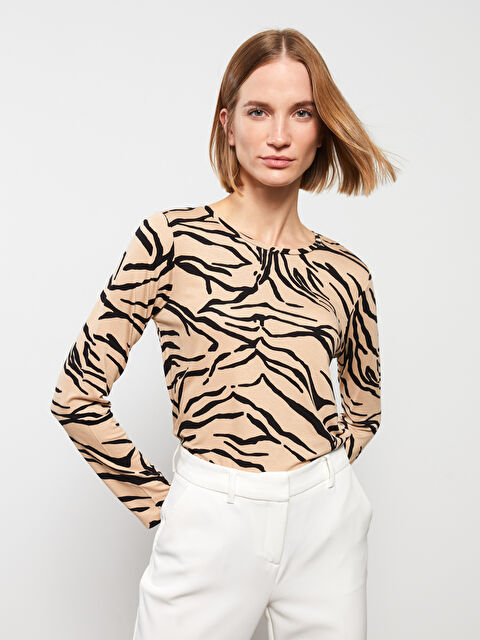 LCWAIKIKI Classic Тениска с кръгло деколте, шарки и дълъг ръкав за жени - S38442Z8-F9C