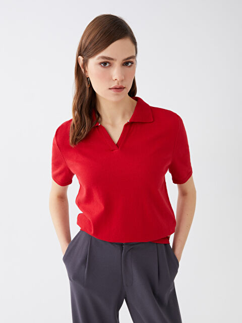 SOUTHBLUE Polo Neck Short Sleeve Women's Knitwear Sweater - S38695Z8-ST7