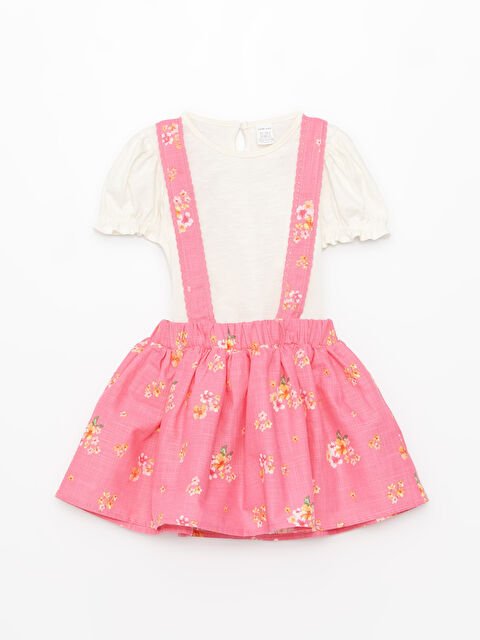 LCW baby Crew Neck Short Sleeve Baby Girl T-Shirt and Salopet Skirt 2-Pack Set - S39338Z1-FES