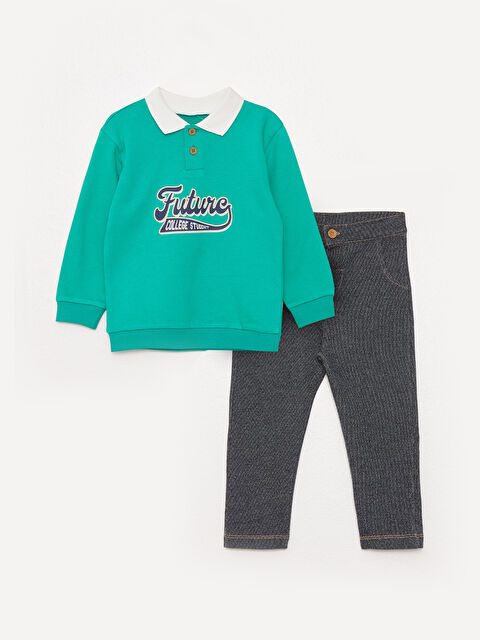 LCW baby Polo Neck Long Sleeve Printed Baby Boy Sweatshirt and Pants 2-Pack Set - S39539Z1-GUN