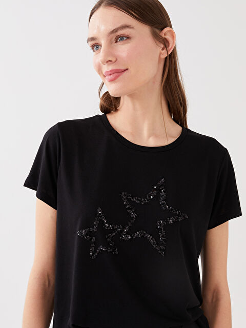 LCWAIKIKI Classic Crew Neck Sequined Short Sleeve Women's T-Shirt - S39989Z8-CVL