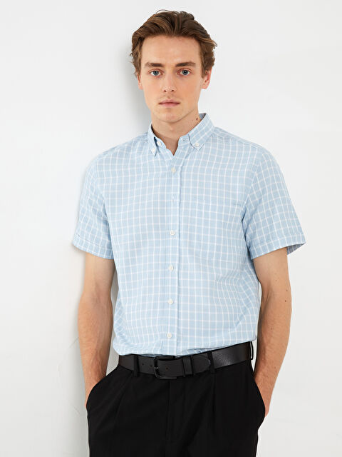 LCW BUSINESS Regular Fit Men's Short Sleeve Plaid Dobby Shirt - S3AA80Z8-LLC