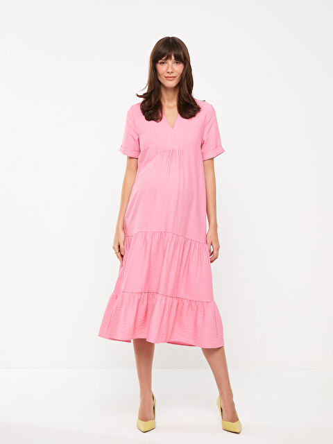 LCWAIKIKI Maternity Kaçık Yaka Düz Kısa Kollu Hamile Elbise - S3AD38Z8-SZE