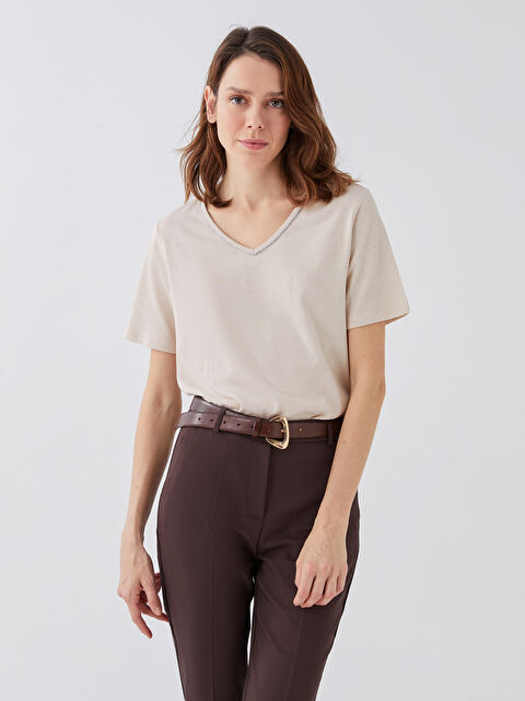 LCW ECO V-Neck Plain Short Sleeve Women's T-Shirt - S3AE81Z8-SWH