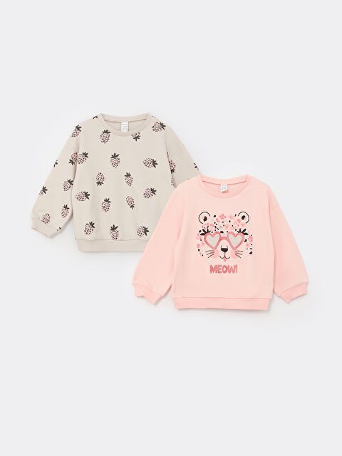 LCW baby Crew Neck Long Sleeve Printed Baby Girl Sweatshirt 2 Pieces - S3AH20Z1-FWH