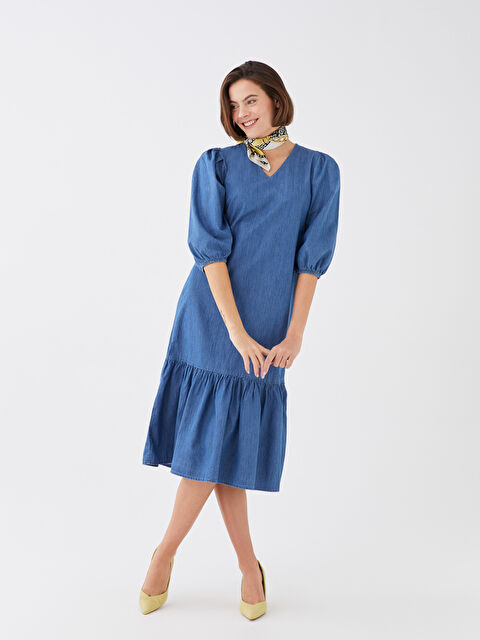LCWAIKIKI Classic V Yaka Düz Balon Kollu Kadın Jean Elbise - S3AK87Z8-563