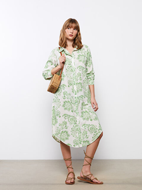 LCWAIKIKI Classic فستان تونيك بياقة قميص مطبوع كم طويل للسيدات - S3AO33Z8-LRR