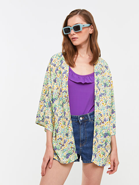 LCW ECO Şal Yaka Desenli Viskon Kadın Plaj Elbisesi - S3AS51Z8-LRR