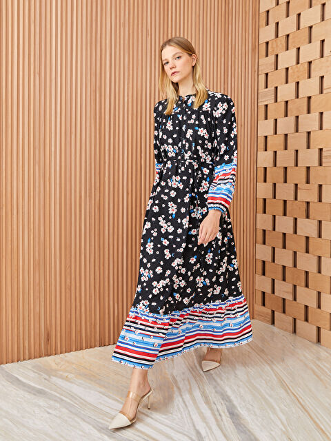 LCW Modest Grandad Collar Floral Women's Dress - S3BO51Z8-LQJ