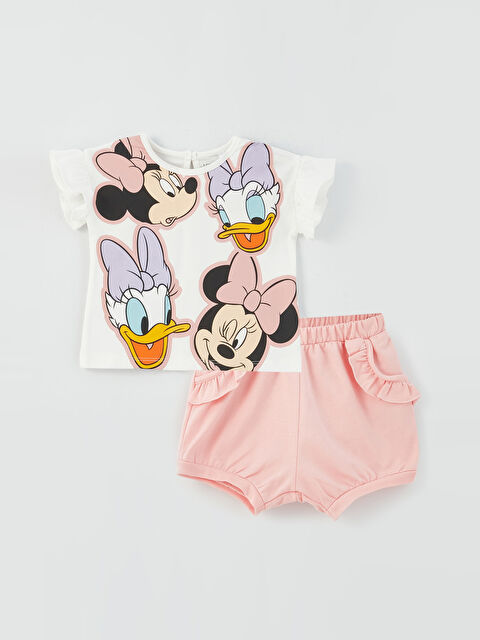 LCW baby Crew Neck Short Sleeve Minnie Mouse Printed Baby Girl T-Shirt and Shorts 2-Piece Set - S3BR33Z1-FDU