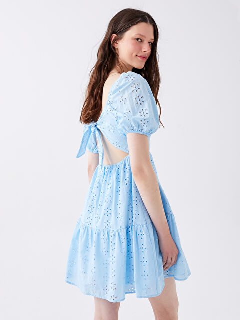 XSIDE Square Collar Self Patterned Short Sleeve Embroidered Women's Dress - S3BS39Z8-JUL