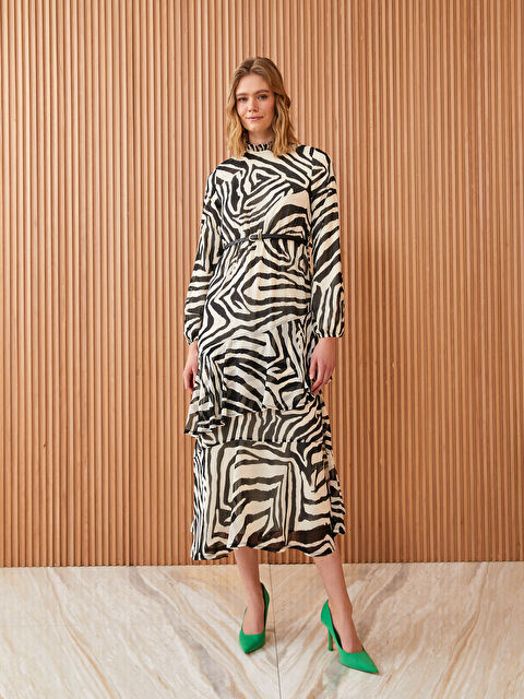 LCW Modest Women's Frill Standing Collar Patterned Long Sleeve Dress - S3BS94Z8-LRA