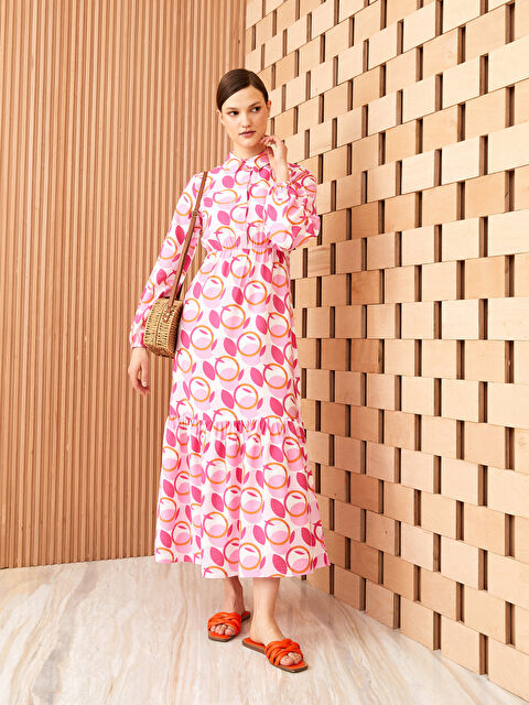 LCW Modest فستان قميص كم طويل منقوش للسيدات - S3BV21Z8-LT4