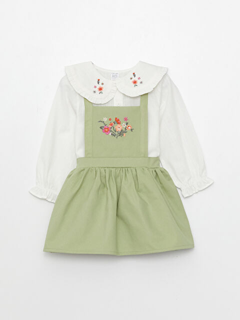 LCW baby Bebe Collar Long Sleeve Embroidered Baby Girl Shirt and Salopet 2-Pack Set