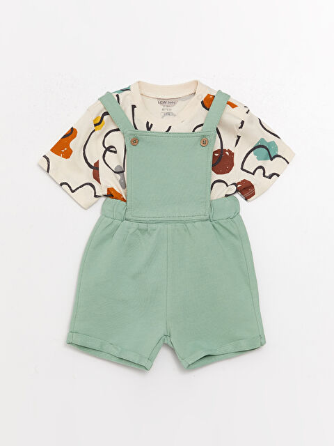 LCW baby Футболка с круглым вырезом и коротким рукавом с принтом и комбинезоны для малышей мальчиков, комплект из 2 предметов - S3CD17Z1-GKG