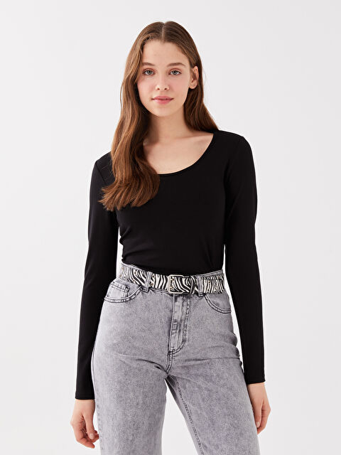 LCW Vision U Neck Straight Long Sleeve Women T-Shirt - S3CG71Z8-CVL