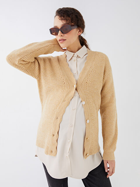 LCWAIKIKI Maternity V Yaka Düz Uzun Kollu Hamile Triko Hırka - S3CM15Z8-V3G