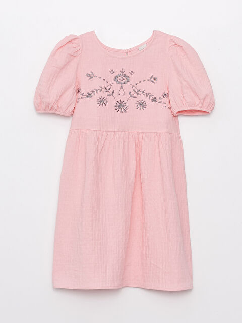 LCW Kids فستان بناتي بياقة دائرية بتفاصيل تطريز وكم قصير - S3CN58Z4-GAT