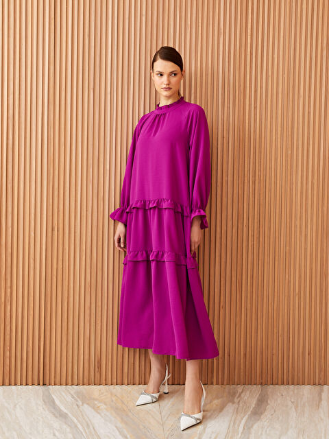 LCW Modest Fırfırlı Dik Yaka Düz Uzun Kollu Kadın Elbise