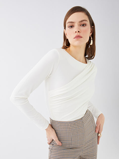 LCW Vision әйелдерге арналған дөңгелек жағалы өрнексіз ұзын жең блузка - S3CU24Z8-FDJ