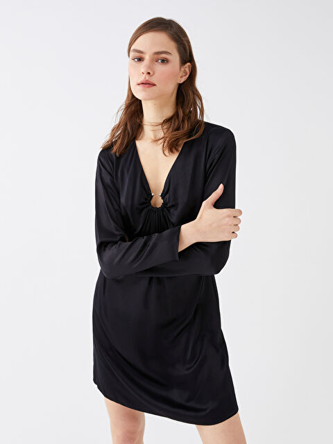 LCW Vision әйелдерге арналған v жағалы ұзын жең сатин кешкі көйлек - S3CY36Z8-CVL