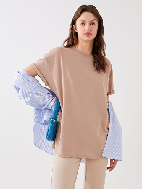 LCW Vision Crew Neck Plain Short Sleeve Oversize Women's T-Shirt - S3DA42Z8-GDN