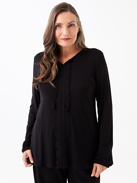 LCW Grace Tie Neck Embroidered Long Sleeve Women's Blouse - S3DB23Z8-CVL