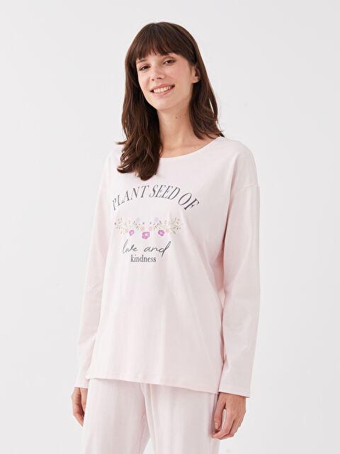 LCW DREAM طقم بيجاما كم طويل مطبوع برقبة دائرية للسيدات - S3DB91Z8-FSM