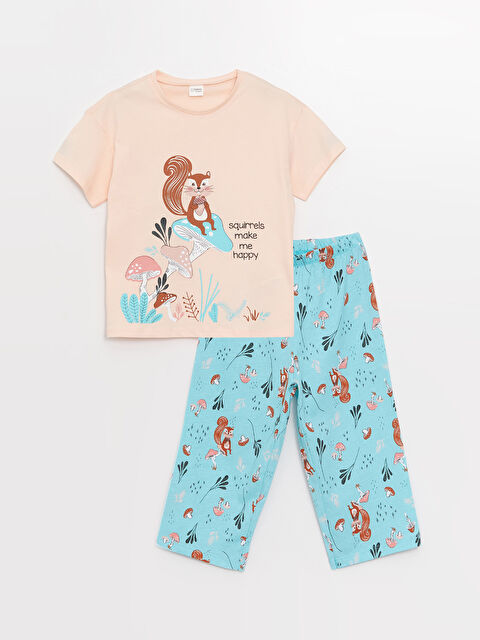 LCW Kids Crew Neck Printed Short Sleeve Girls' Pyjama Set - S3DE85Z4-FQK
