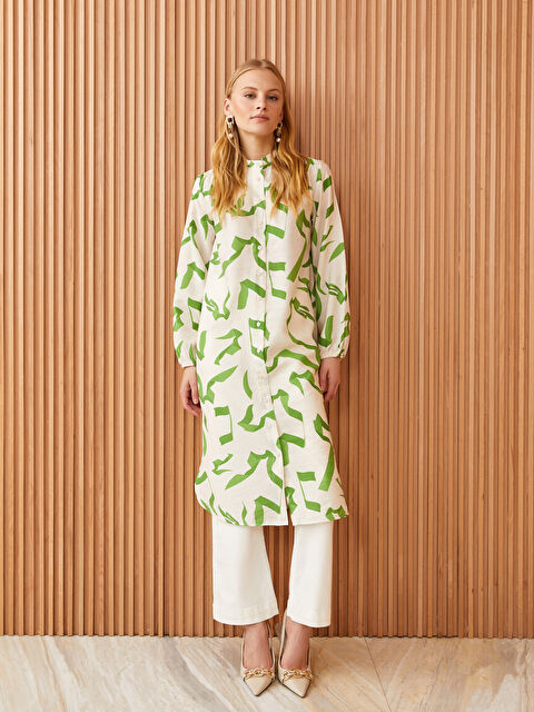 LCW Modest Grandad Collar Patterned Long Sleeve Women's Tunic - S3DU10Z8-LRR