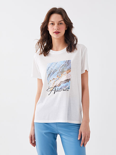 LCW Vision әйелдерге арналған принтті дөңгелек жағалы қысқа жең футболка - S3DY93Z8-R9J