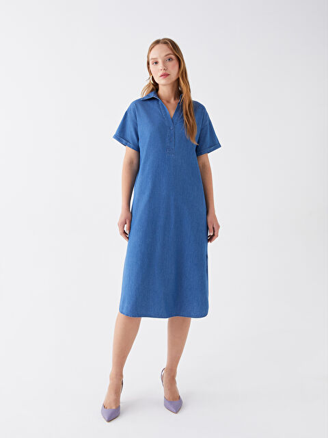 LCWAIKIKI Classic فستان جينز بياقة قميص سادة كم قصير للسيدات - S3EA85Z8-507