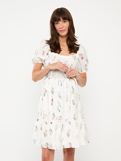 LCWAIKIKI Maternity Kare Yaka Çiçekli Balon Kollu Hamile Elbise - S3ED35Z8-SWC