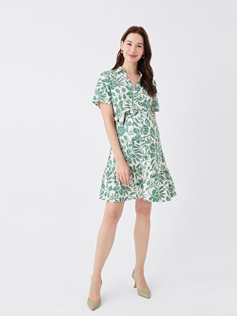 LCWAIKIKI Maternity فستان حوامل خليط كتان بكم قصير مطبوع بياقة القميص - S3ED38Z8-LRR