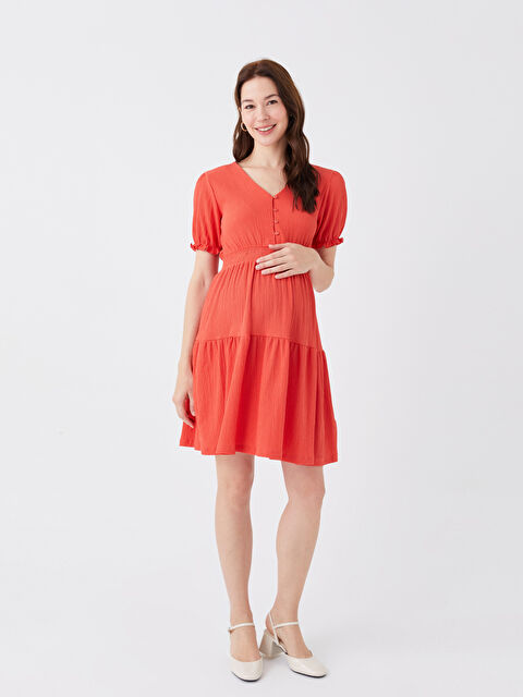 LCWAIKIKI Maternity V Yaka Düz Kısa Kollu Krinkle Hamile Elbise - S3ED57Z8-V39